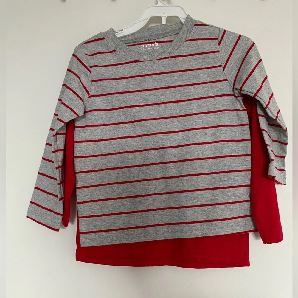 Carter’s Baby Boy 18M Long Sleeve Tee Shirt 2-Pack Red Dino Grey Striped